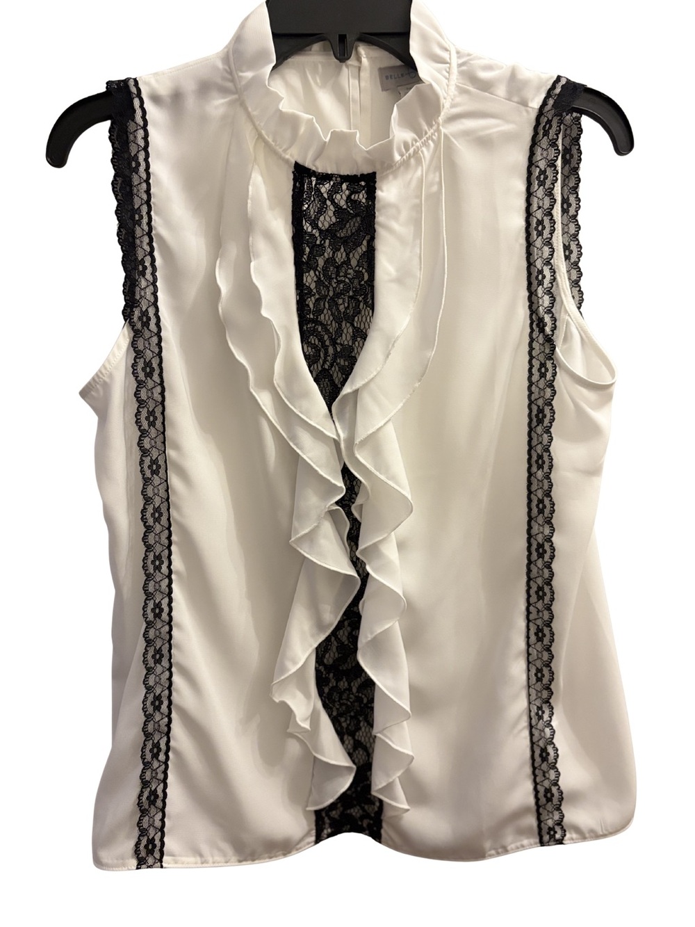 Elegant White Ruffle w/ Black Lace-Trim Sleeveless Top